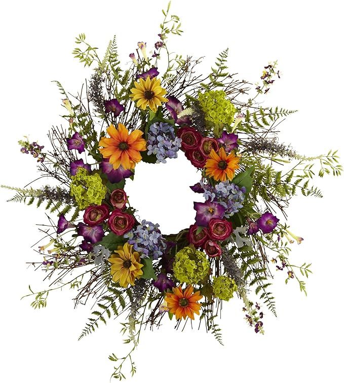 Nearly Natural 24-Inch Spring Garden Wreath with Twig Base, Multicolored/Green | Amazon (US)