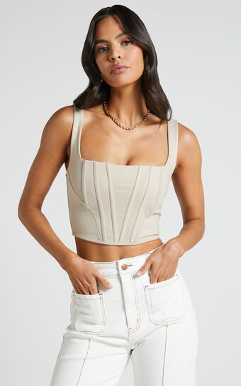 Pellar Top - Square Neck Corset Top in Sand | Showpo (US, UK & Europe)