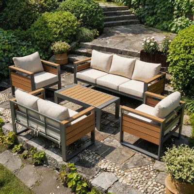 Aluminum Patio Furniture Set, 7-Person Outdoor Sectional Sofa With Coffee Table, Shiny Powder Coated Patio Conversation Sets With 5" Thick Cushion & W | Wayfair North America