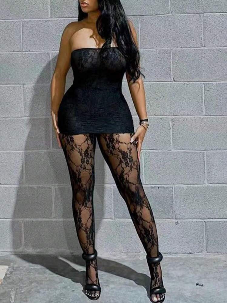 Club Outfits For Women Lace Tube Mini Dress Stockings Legging Set Birthday Outfits Dresses For Women | SHEIN