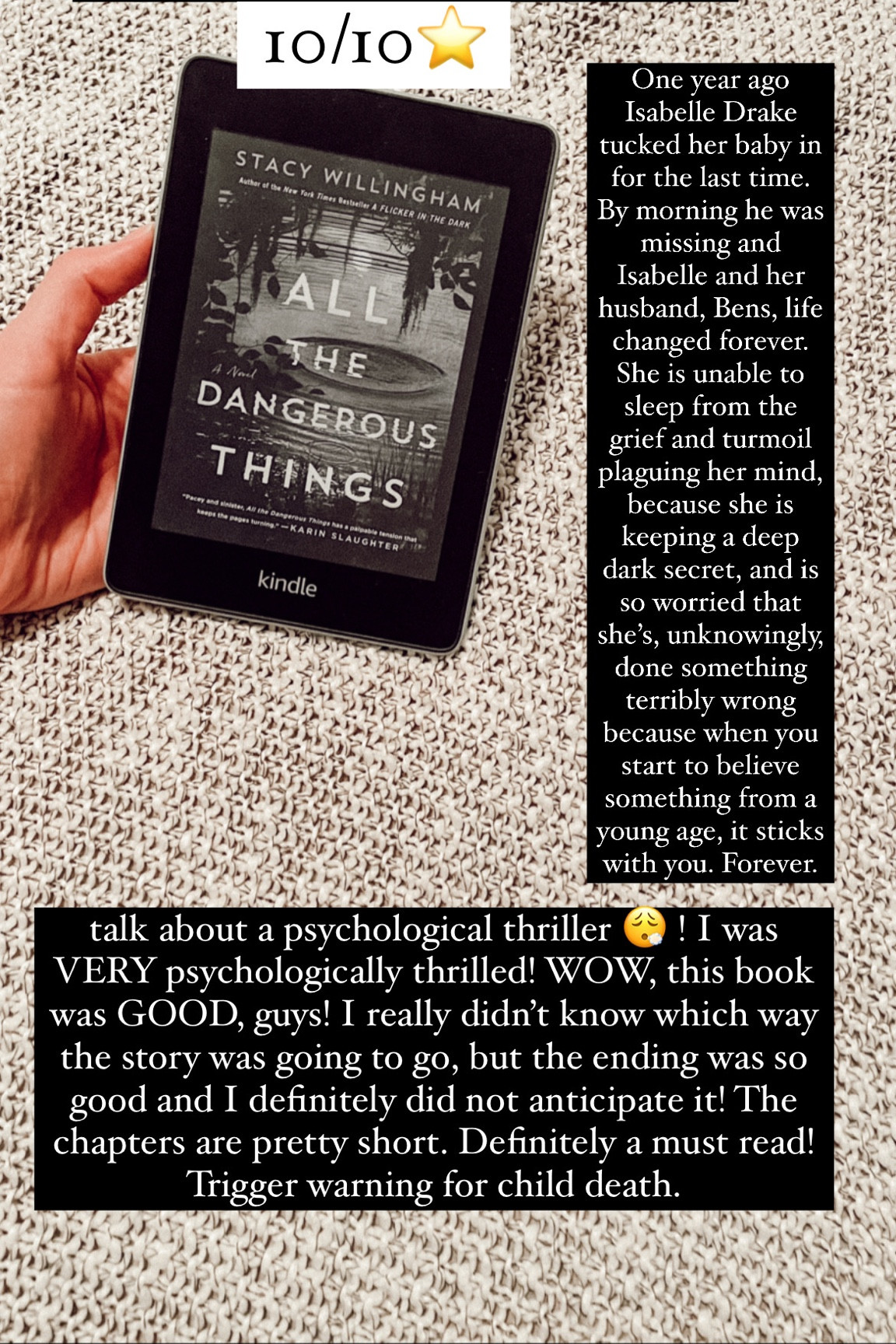 56. All the Dangerous Things by Stacy Willingham :: 10/10⭐️ talk about a psychological thriller 😮‍💨 ! I was VERY psychologically thrilled! One year ago Isabelle Drake tucked her baby in for the last time. By morning he was missing and Isabelle and her husband, Bens, life changed forever. She is unable to sleep from the grief and turmoil plaguing her mind, because she is keeping a deep dark secret, and is so worried that she’s, unknowingly, done something terribly wrong because when you start to believe something from a young age, it sticks with you. Forever. WOW, this book was GOOD, guys! I really didn’t know which way the story was going to go, but the ending was so good and I definitely did not anticipate it! The chapters are pretty short. Definitely a must read! Trigger warning for child death. 

book / thrillers / romance / travel book / good reads / booktok books / book recommendations / on my bookshelf / kindle books / audio books / kindle girlie / kindle unlimited / amazon books / amazon reads / amazon readers / reading / reading must haves / trending books / kindle accessories / books accessories / books

#LTKhome #LTKtravel