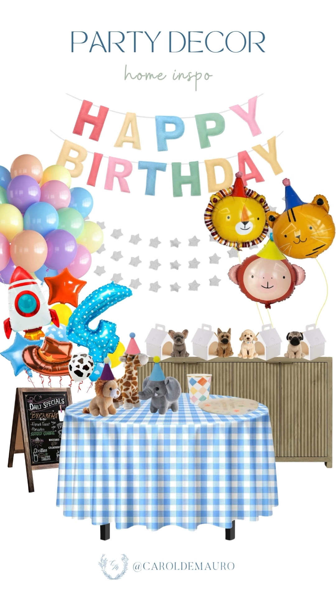 Hosting a party soon? Get inspired by this pastel "Happy Birthday" banner, the cute gingham tablecloth, and all those fun animal balloons. The plushies and chalkboard sign make it the perfect whimsical setup.

kids birthday ideas, party decor, hosting idea, tablescape, mom hacks, DIY, hosting hack, table setting

#LTKHome #LTKSeasonal #LTKKids