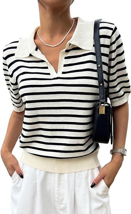 Floerns Women's Striped Print Short Sleeve Collar Neck Knitted Casual Tee Shirt | Amazon (US)