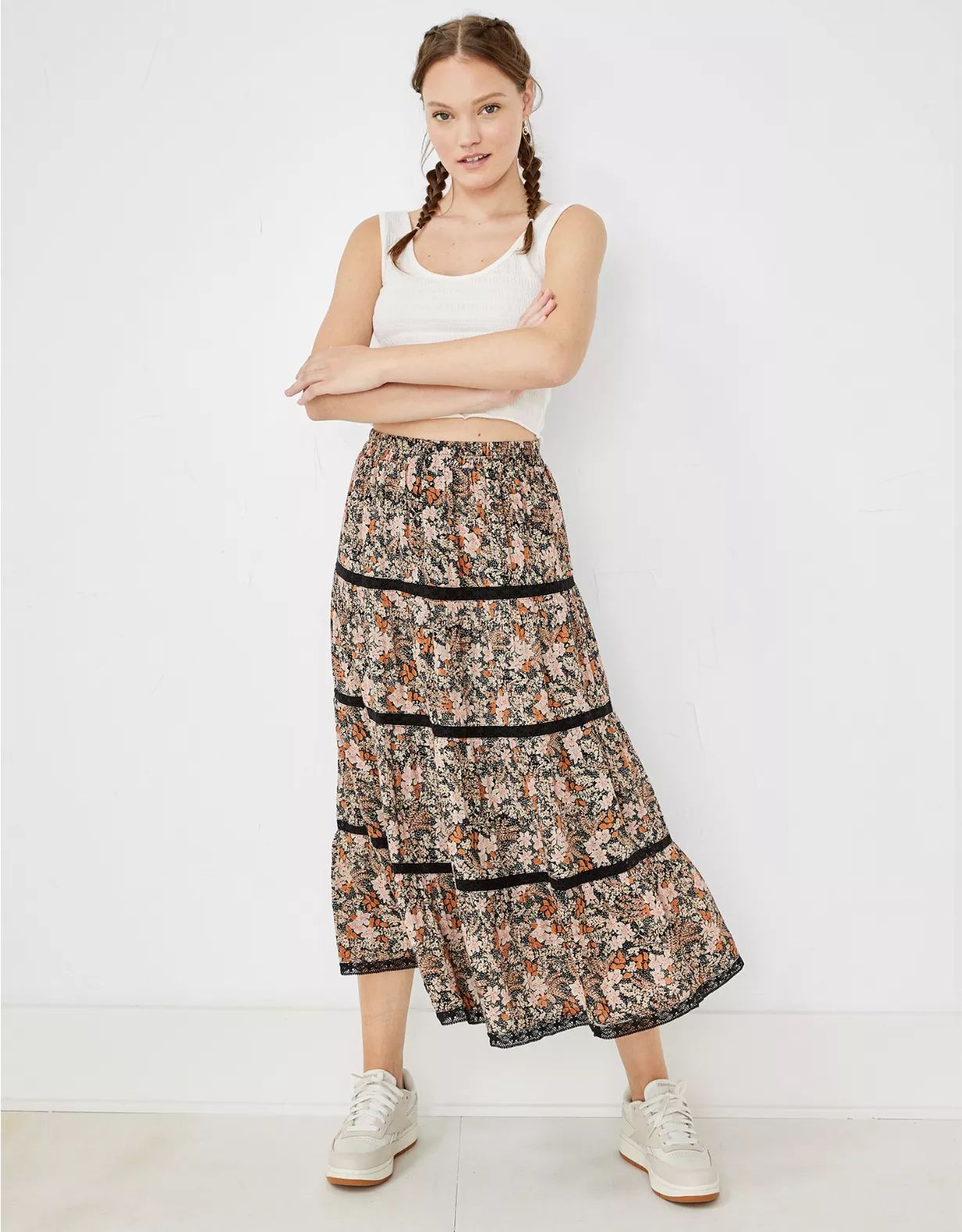 AE Floral Tiered Midi Skirt | American Eagle Outfitters (US & CA)