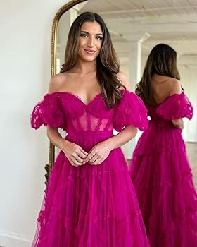Off The Shoulder A Line Prom Dresses Long Ruffles Tulle Ball Gown Princess Puffy Sleeve Quinceane... | Amazon (US)