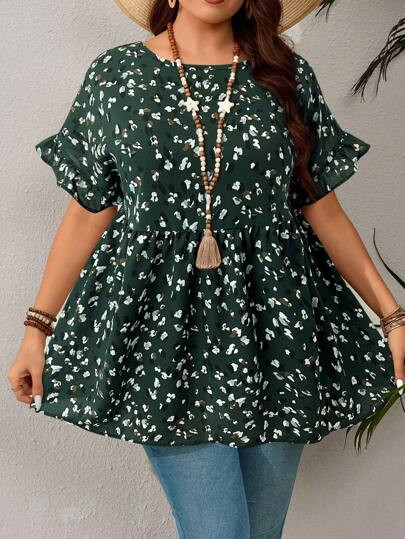 EMERY ROSE Plus Size Casual Resort Style Ruffled Sleeve Allover Print Blouse,Summer,Tropical Vaca... | SHEIN