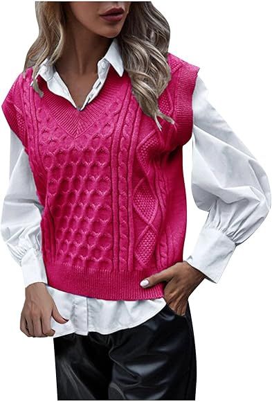 Womens V Neck Knit Sweater Vest Solid Sleeveless Casual Loose Pullover Sweater Comfy Soft Cable K... | Amazon (CA)