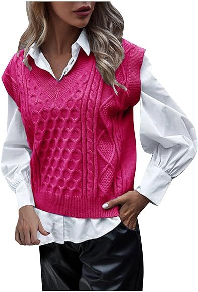 Womens V Neck Knit Sweater Vest Solid Sleeveless Casual Loose Pullover Sweater Comfy Soft Cable K... | Amazon (CA)