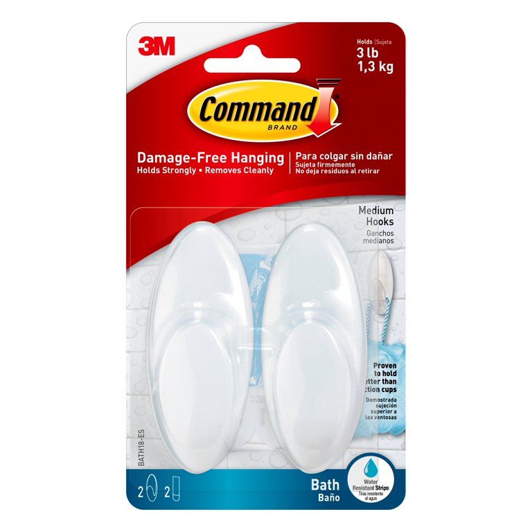 Command Bath Hook, Frosted, Medium, 2 Hooks, 2 Strips/Pack | Walmart (US)
