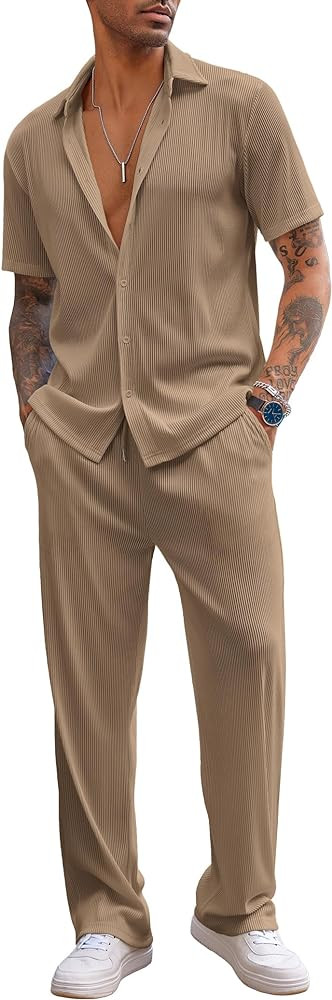 COOFANDY Men's 2 Piece Outfit Casual Short Sleeve Button Down Shirt Beach Summer Loose Pant Sets | Amazon (US)