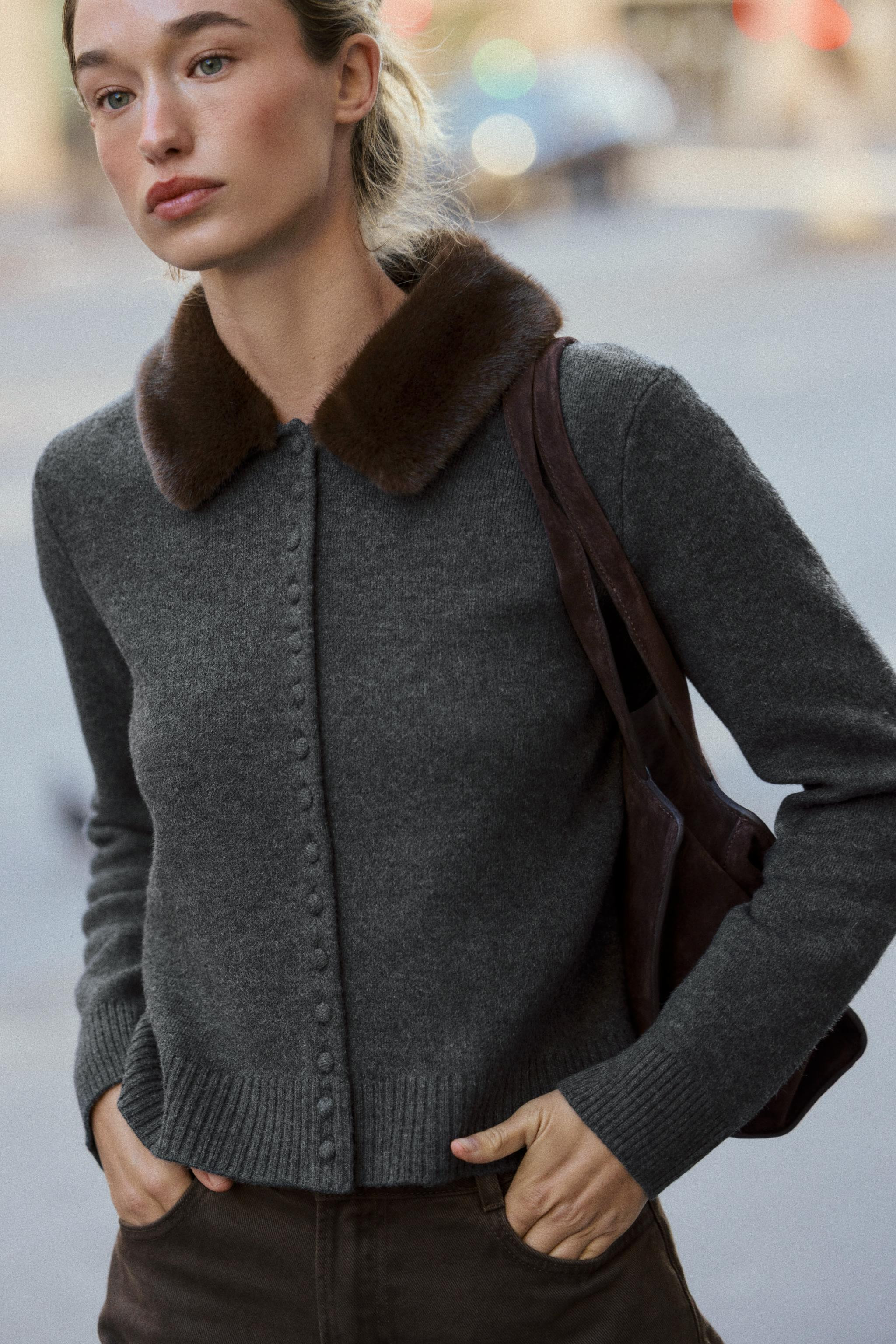 FAUX FUR LAPEL KNIT CARDIGAN | Zara US