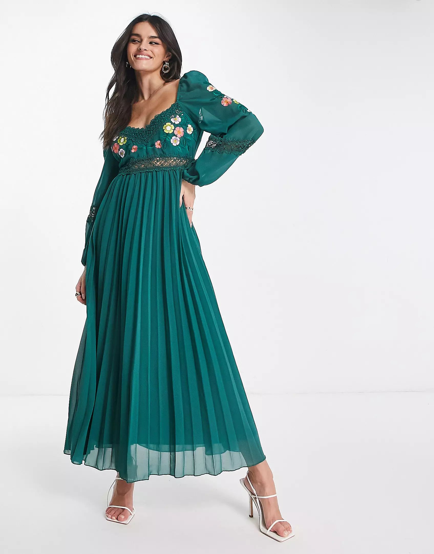 ASOS DESIGN embroidered lace insert pleated midi dress with long sleeves in pine green | ASOS (Global)