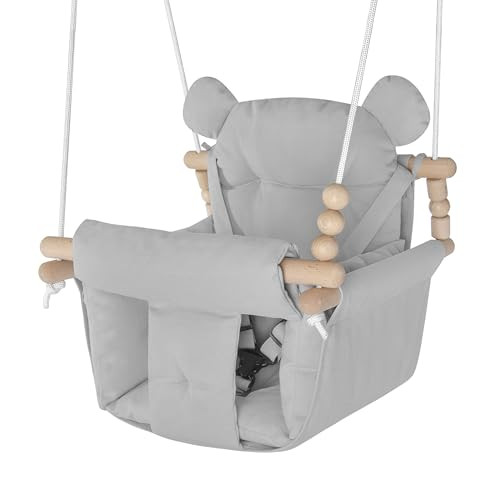 Baby Swing Indoor Outdoor,Secure Canvas Wooden Toddler Swing Seat, 3-Point Adjustable Safety Harness,Mounting Hardware Included,Gift for Boys and Girls, Grey | Amazon (US)