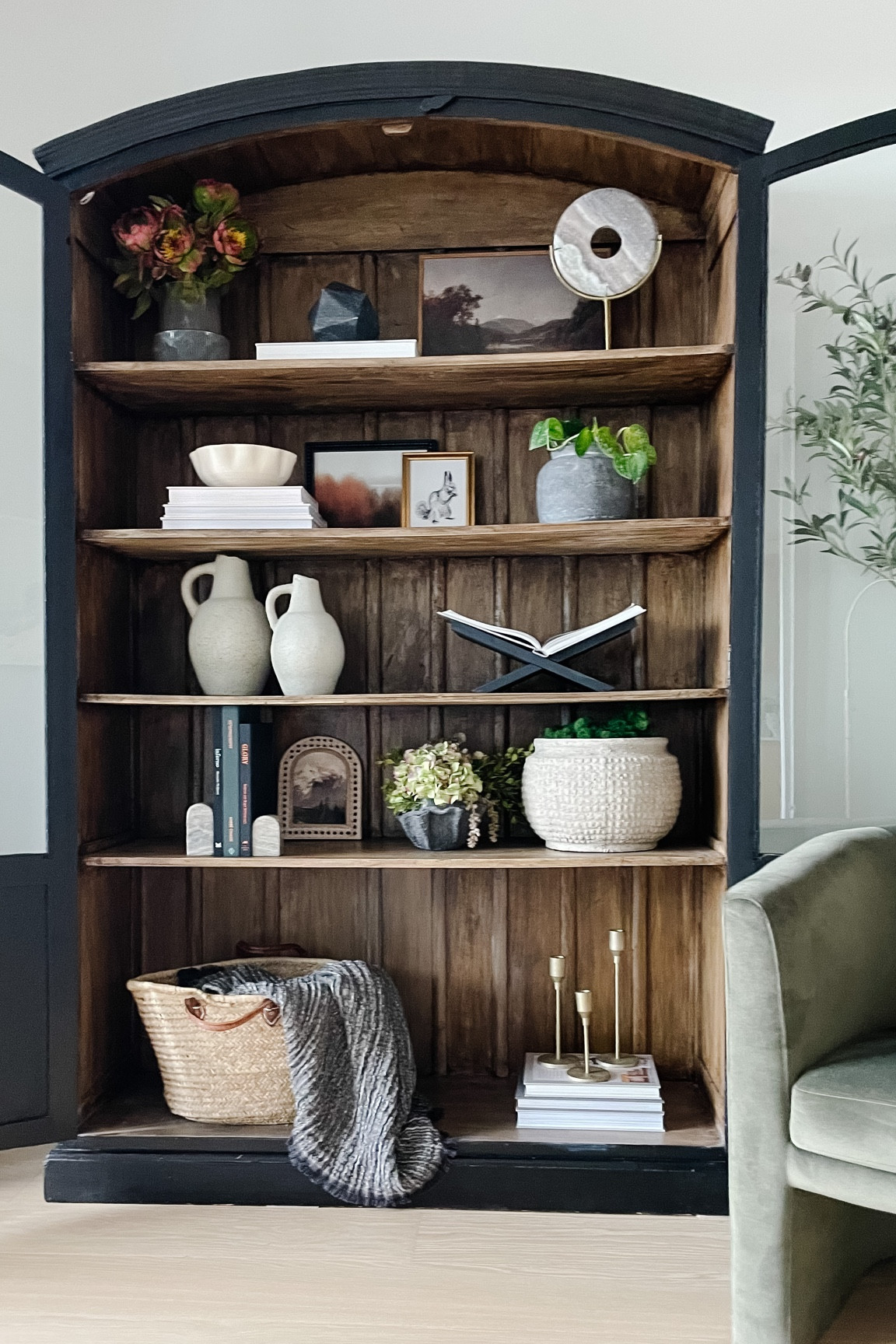 Shelf styling. Home decor. Vintage shelf decor. Vases. Fall art. Fall inspiration.  

#LTKhome #LTKstyletip #LTKSeasonal