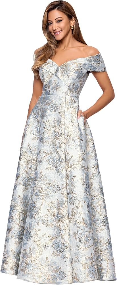 Xscape Women\u2019s Brocade Off The Shoulder Floor Length Dress, Blue/Gold, 4 | Amazon (US)