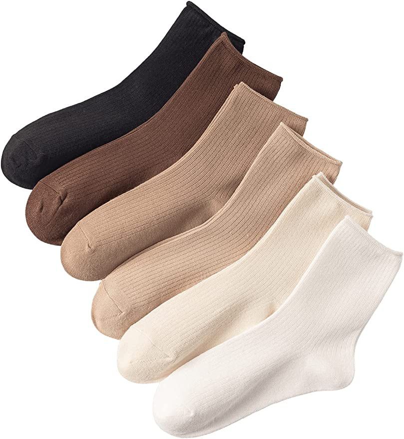 WDIRARA Women's 6 Pairs Solid Crew Socks Casual Socks Crew Knit Socks | Amazon (US)