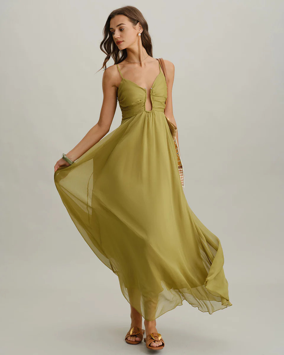 Green Ruched Slip Maxi Dress | rihoas.com