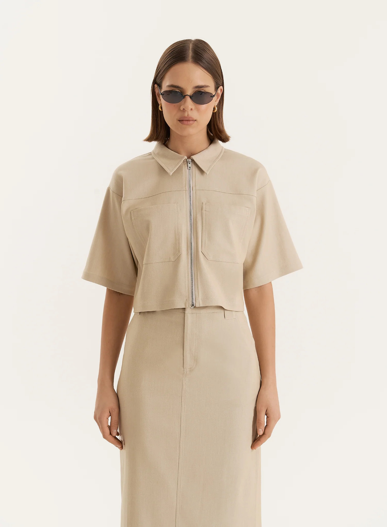 Beige Cropped Tailored Zip Through Shirt- Miley | 4th & Reckless