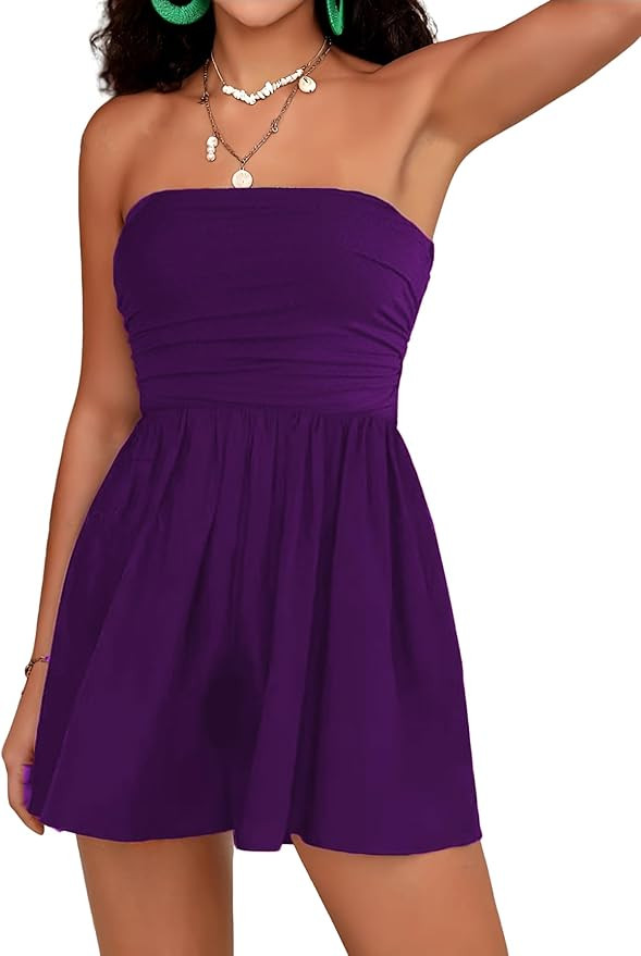 Women Summer Casual Strapless Rompers Tube Top Shorts Jumpsuit Sleeveless Off Shoulder Sexy Beach... | Amazon (US)