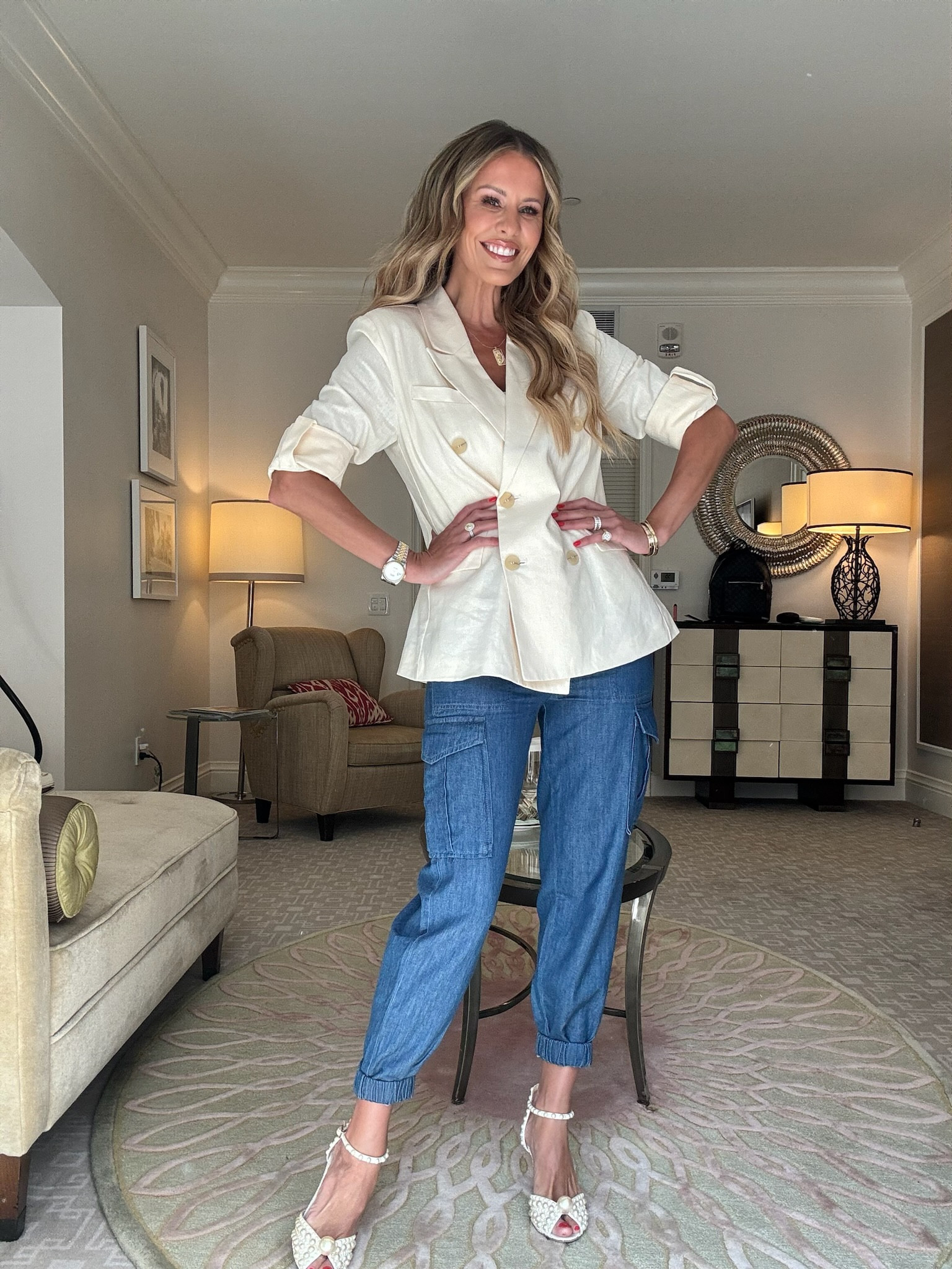 Going to meet Sofía Vergara tonight as a #WalmartPartner! I went through a few different outfit options and ultimately decided on a classic Courtney jeans and blazer @walmartfashion look! 🤍 I’m wearing a small in the blazer and a 2 in the joggers. #walmartfashion 

#LTKStyleTip #LTKFindsUnder50 #LTKxWalmart