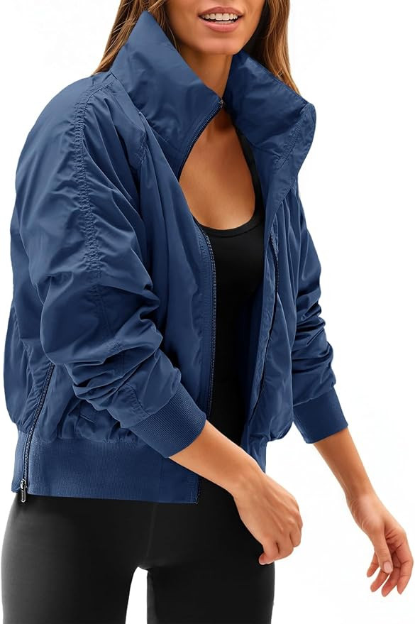 Fisoew Womens Windbreaker Crop Jackets Long Sleeve Zip Up Hidden Hooded Winter Bomber Jacket with... | Amazon (US)