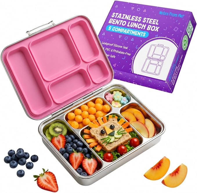 Stainless Steel Bento Lunch Box for Kids – 5 Leakproof Compartments, Food-Grade 304 Steel, Plas... | Amazon (US)