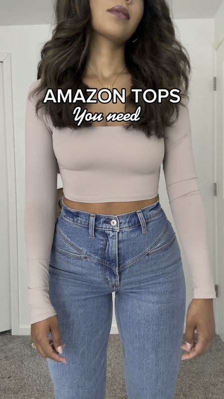 Amazon tops you need!! Basic smoothing long sleeve! Stretchy! Run small! Size up! I’m wearing a medium. Abercrombie jeans- Abercrombie 90’s straight jeans  