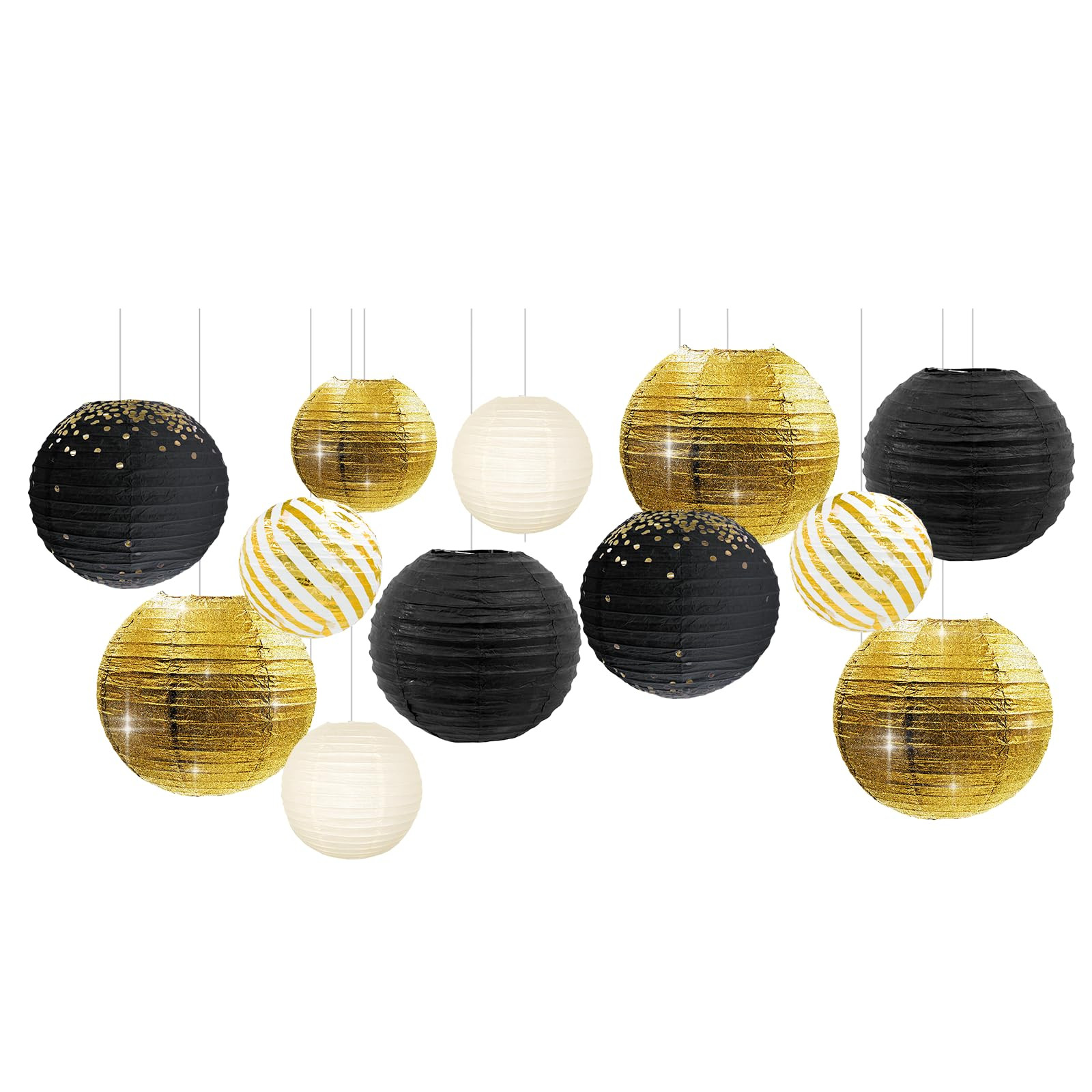 NICROLANDEE Black Gold Party Supplies - 12PCS Black and Gold Metallic Foil Paper Lanterns Decorat... | Amazon (US)