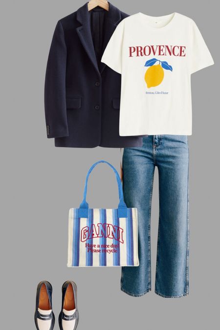 French girl style for spring with a pop of colour graphic tee, striped Ganni bag, cropped straight hearts and the iconic wool blazer from stories.