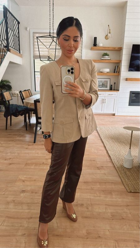 Work wear. Work outfit. Business casual outfit. Vegan leather pants. Brown belt. Banana republic on sale. Style tip. Work outfit inspo. Business formal outfit. Brown outfit. Neutral outfit inspo. Tory Burch shoes. Tory Burch wedges. 

#LTKsalealert #LTKstyletip #LTKworkwear