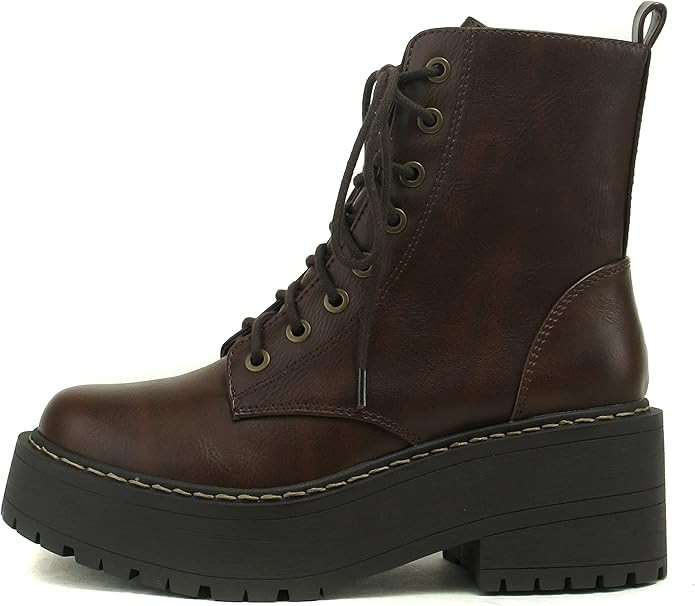Soda FLING Women Chunky Lug Sole Lace up Fashion Combat Ankle Boot w/Side Zipper | Amazon (US)
