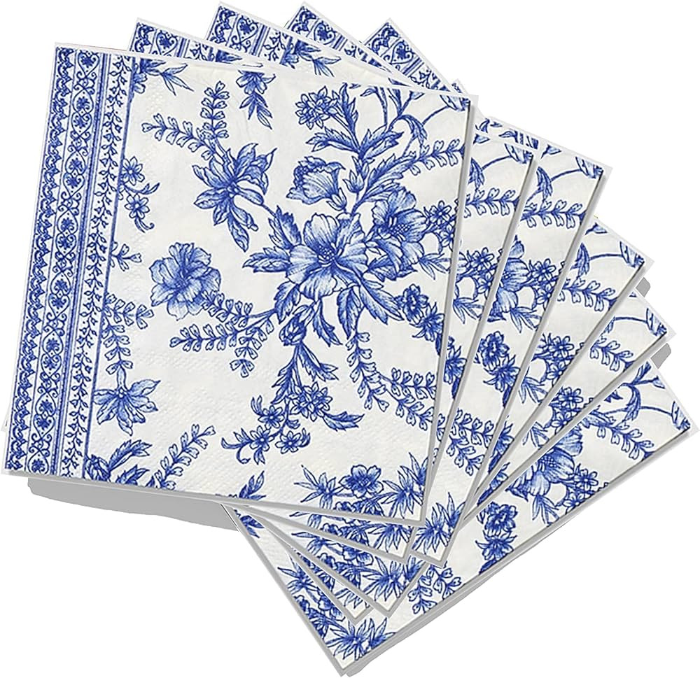 Coterie Blue Floral Paper Cocktail Napkins (Set of 25) | Beautiful Blue and White Toile Paper Nap... | Amazon (US)