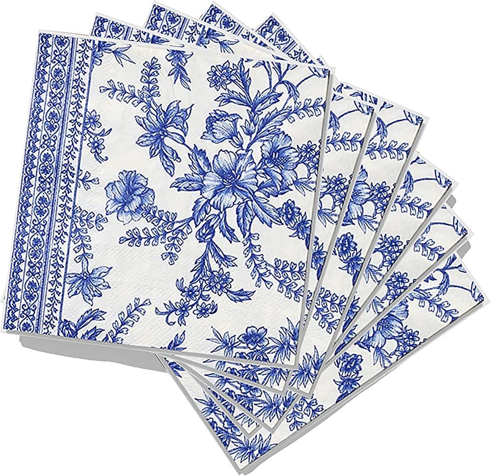 Coterie Blue Floral Paper Cocktail Napkins (Set of 25) | Beautiful Blue and White Toile Paper Nap... | Amazon (US)