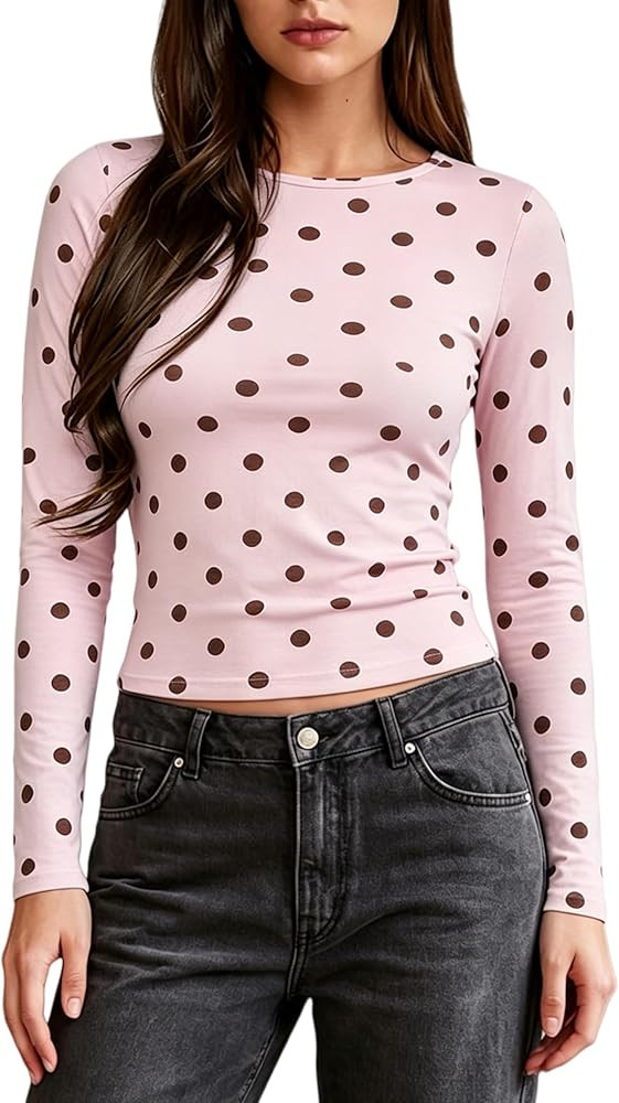 UAURORAO Women Polka Dot Top Long Sleeve Crewneck Y2K Crop Tops Dots Print Stretch Slim Fit T Shi... | Amazon (US)