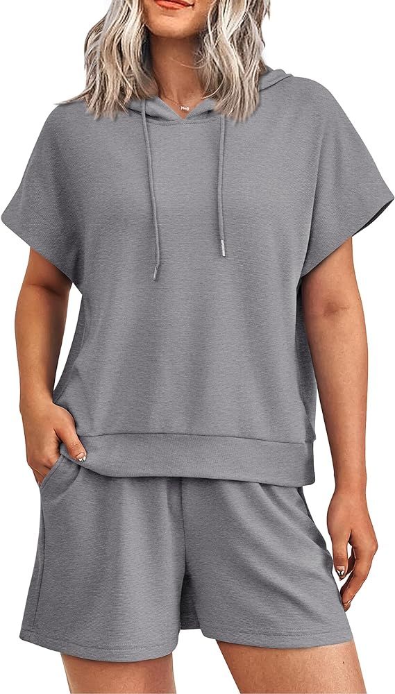 PRETTYGARDEN Women's 2 Piece Outfits Summer Cap Sleeve Hoodie Tops And Lounge Shorts Sweatsuits S... | Amazon (US)