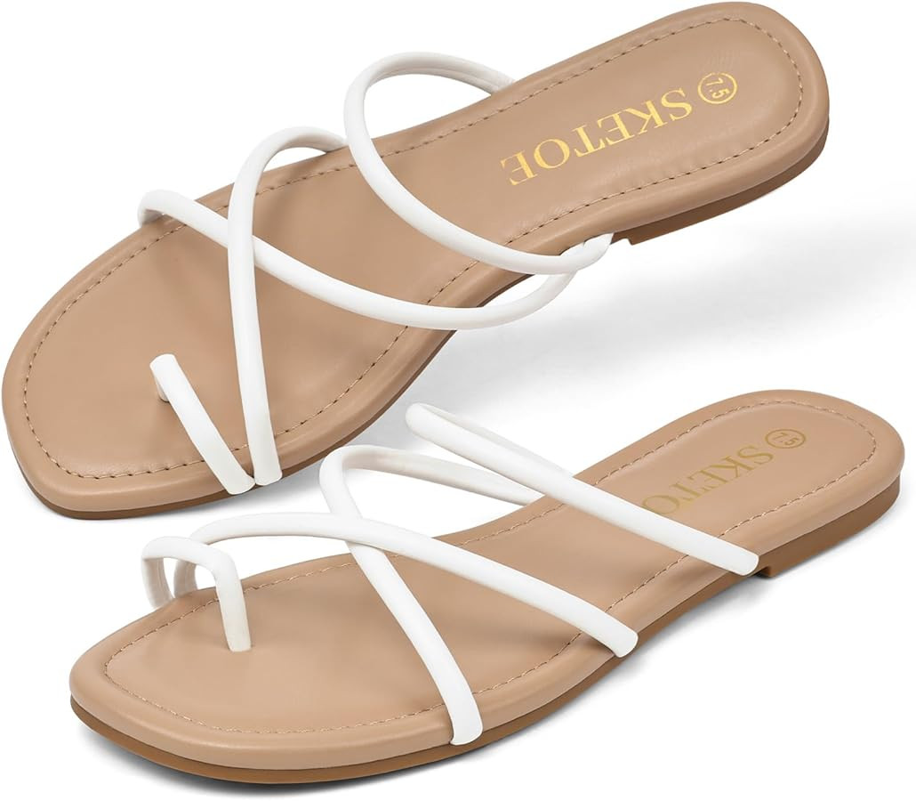 Strappy Sandals for Women Square Open Toe Flip Flops Comfortable Flat Sandals Toe Ring Thong Sand... | Amazon (US)