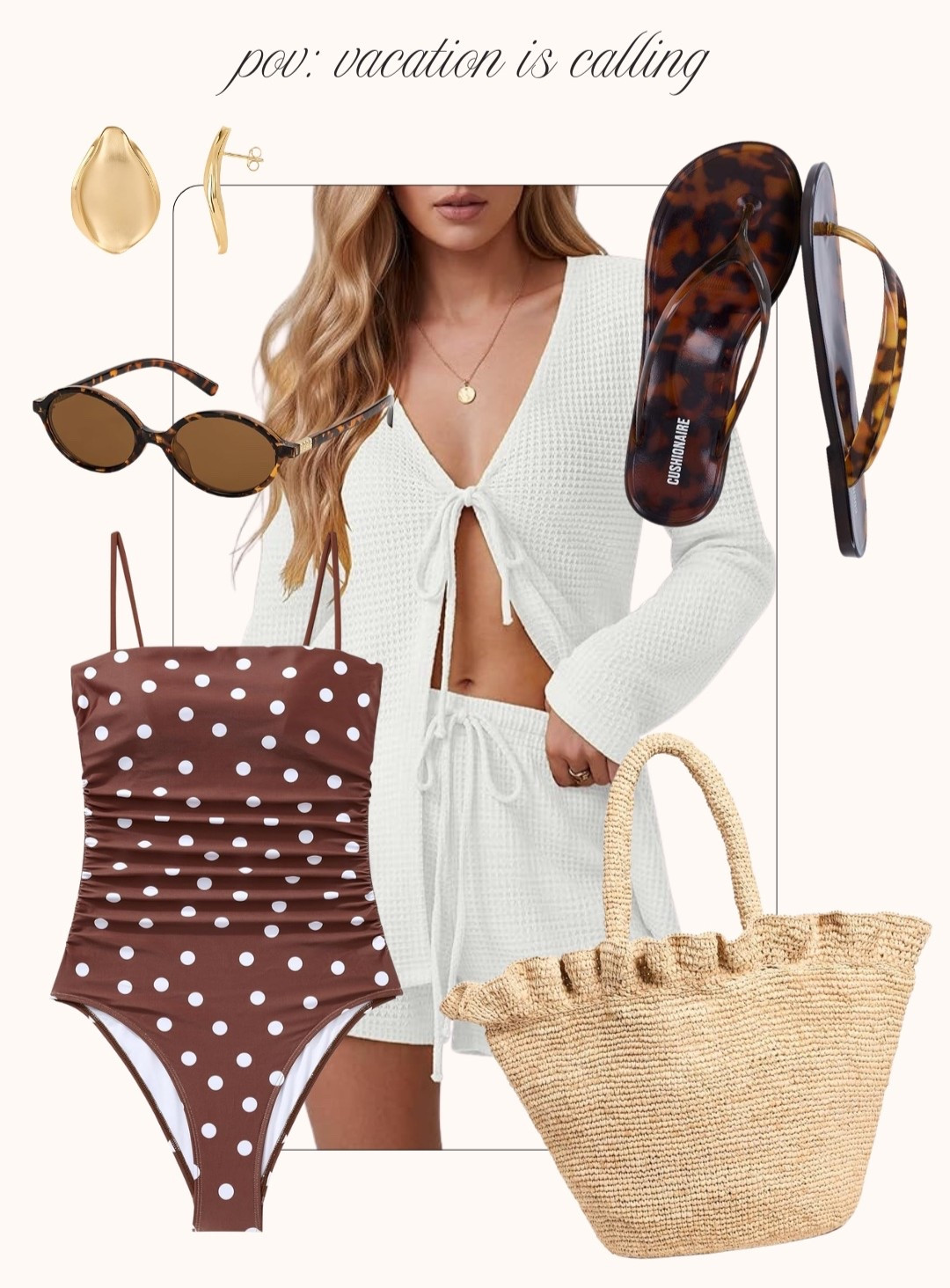 Vacation outfit inspiration from Amazon! 🐚 

Polka dot bathing suit, tortoise shell sunglasses, woven handbag, gold earrings, jelly flats, white set, vaycay ootd, neutral, brown, resort wear, crochet, summer fashion, fancythingsblog

#LTKSeasonal #LTKootd #LTKTravel