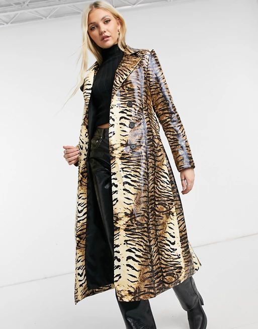 One Above Another longline belted trench jacket in pu tiger print | ASOS (Global)