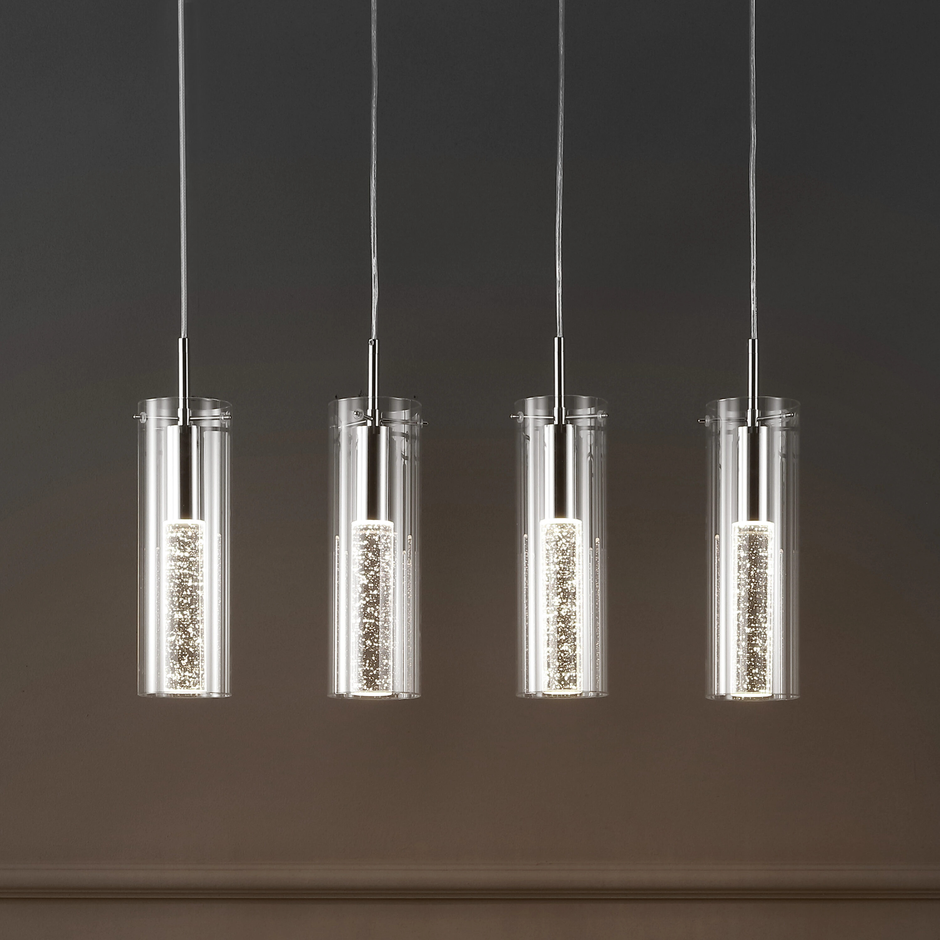 JONATHAN Y Mium 29.5"" Iron/Crystal/Glass Integrated Minimalist 4 -Light Chrome Glam Cylinder Integrated LED Medium Hanging Kitchen island light | Lowe's