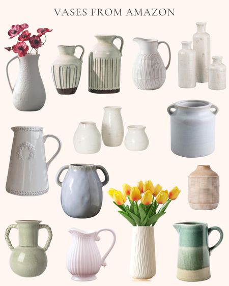 Vases from Amazon. Decorative vase. Flower vase. Decorative pitcher. Flower pitcher. Ceramic vase. Ceramic pitcher. Sand glaze rustic vase. Petite vase set. Distressed flower vase. Ceramic vase with two handles. Flower arrangement vase. Rustic pitcher. Green vase. Table decor. Shelf decor. Ceramic vase with handle. Ceramic white bottles  

#LTKhome #LTKfindsunder50 #LTKstyletip