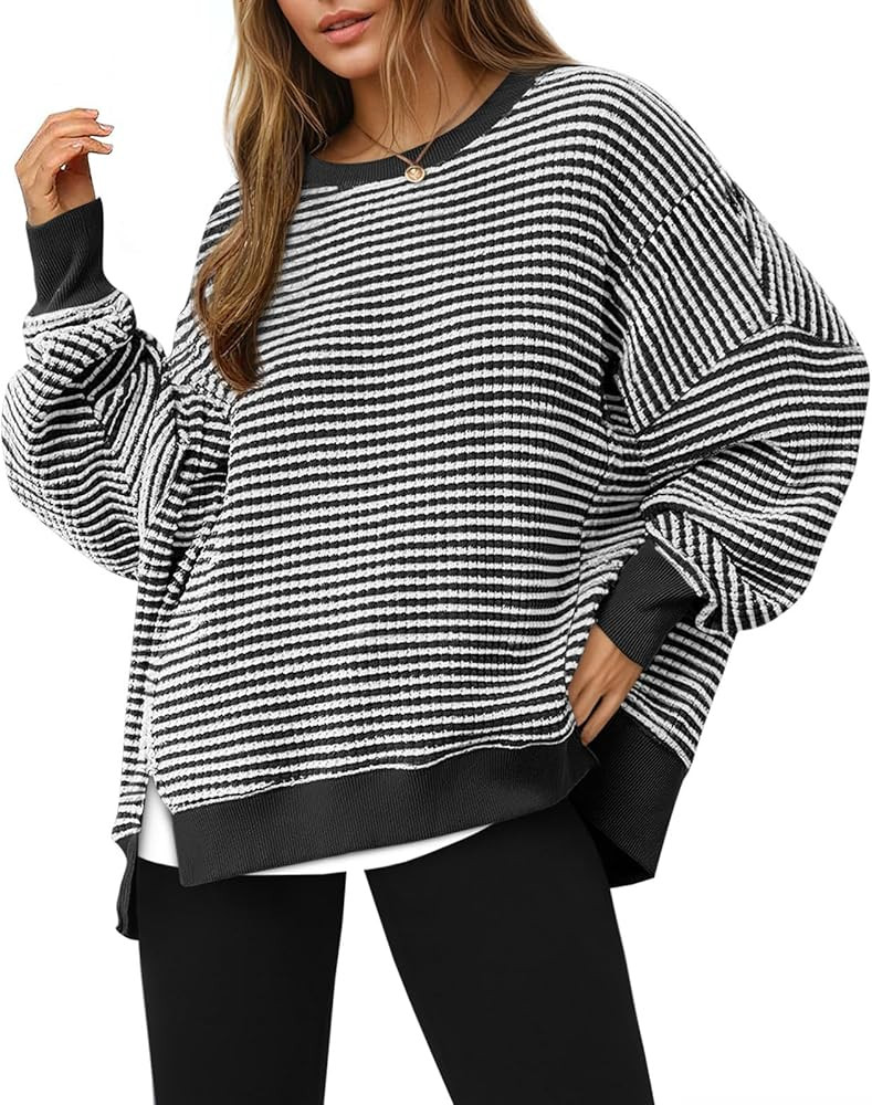Fisoew Women's Fall Oversized Sweatshirt Casual Waffle Knit Long Sleeve Crewneck Split Pullover T... | Amazon (US)