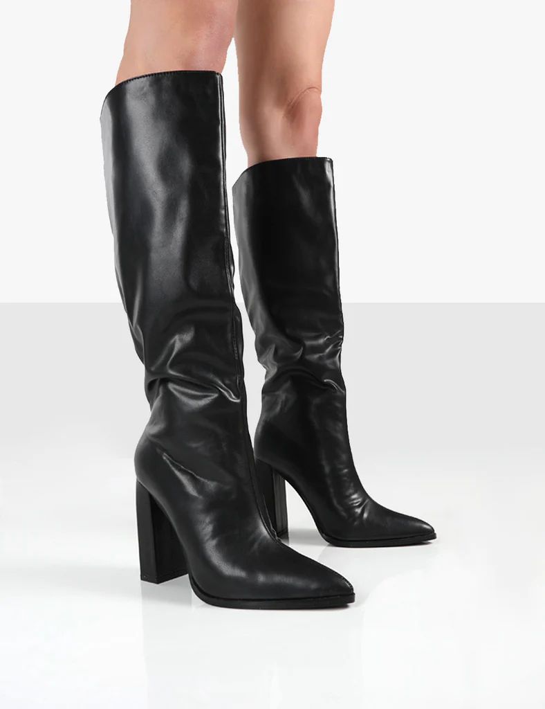 Posie Black PU Knee High Block Heel Boots | Public Desire (US & CA)