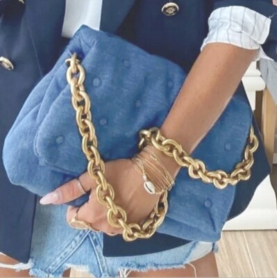 ZARA BLUE QUILTED PADDED DISTRESSED DENIM CHUNKY GOLDEN METAL CHAIN SHOULDER BAG | eBay UK