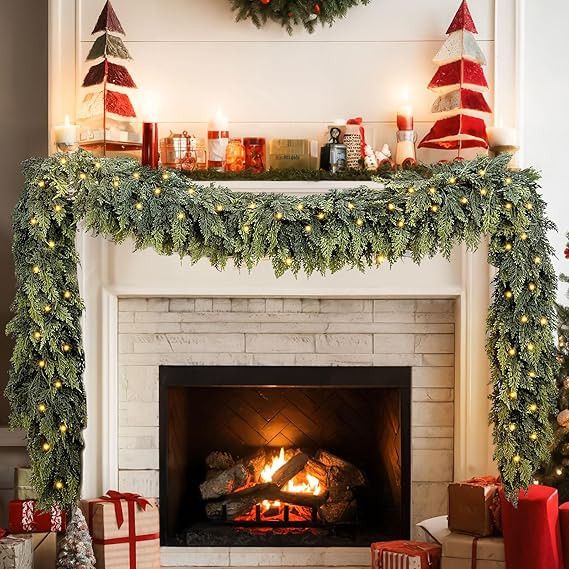 9FT Artificial Cedar Christmas Garland with 120 LED Lights - Real Touch Winter Pine Garland, Gree... | Amazon (US)