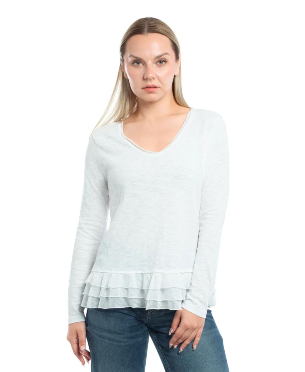 Wilt Clothing Women's V-Neck Mixed Media Long Sleeve - White | Macy's