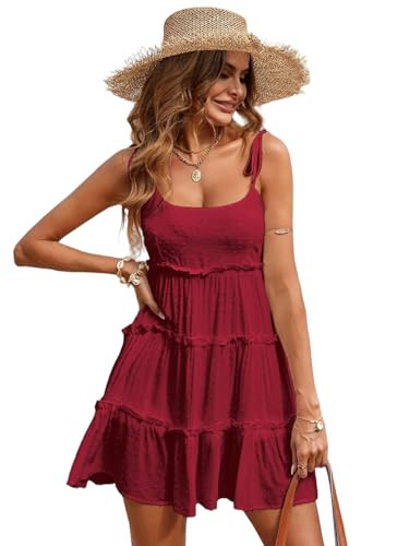 Narecte Womens Summer Dresses Wedding Guest Dresses Beach Sundresses Spaghetti Strap Flowy Boho Dress Burgundy S | Amazon (US)