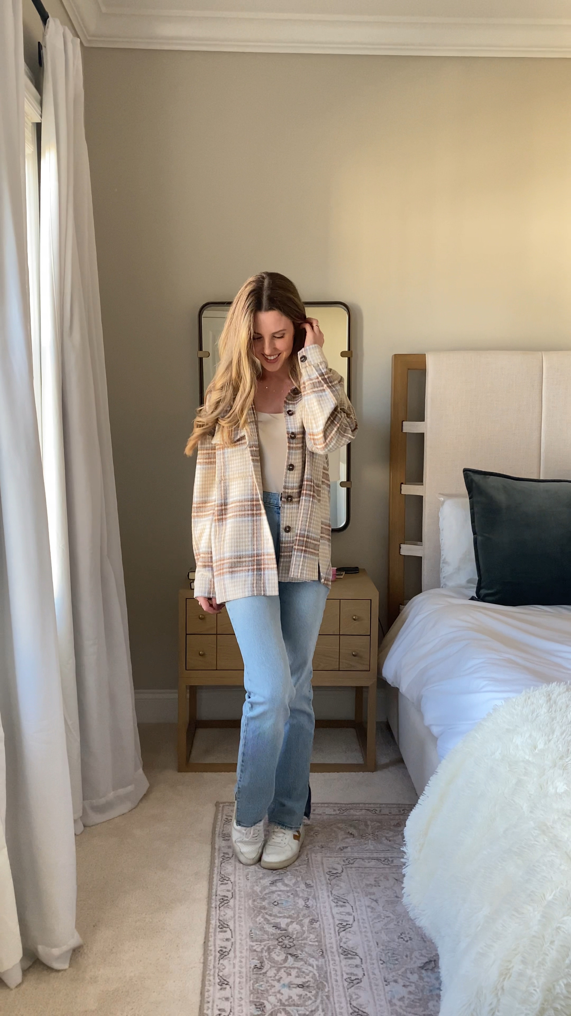 Plaid shacket, seamless square neck bodysuit, ultra high rise 90s straight jeans, Veja sneakers 

#LTKunder50 #LTKunder100 #LTKsalealert