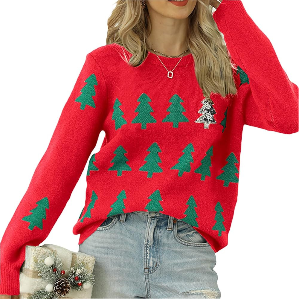 Women's Ugly Funny Christmas Sweaters Long Sleeve Knit Pullover Sweater Cute Reindeer Tree Snowfl... | Amazon (US)