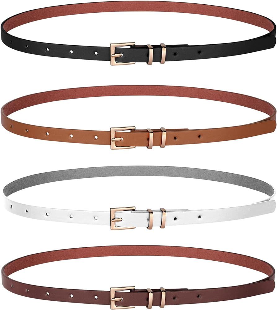 JASGOOD 4 Pack Women Skinny Leather Belt Thin Waist Belt with Gold Buckle for Jeans Pants Dress | Amazon (US)