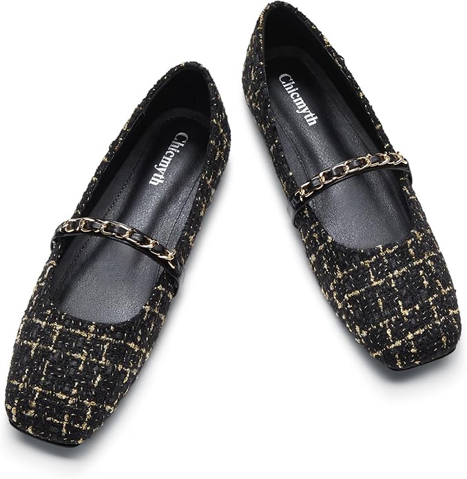 Mary Jane Flats;Square Toe Metal Chain Flats;Tweed Fabric Delicate and Elegant Women Shoes | Amazon (US)